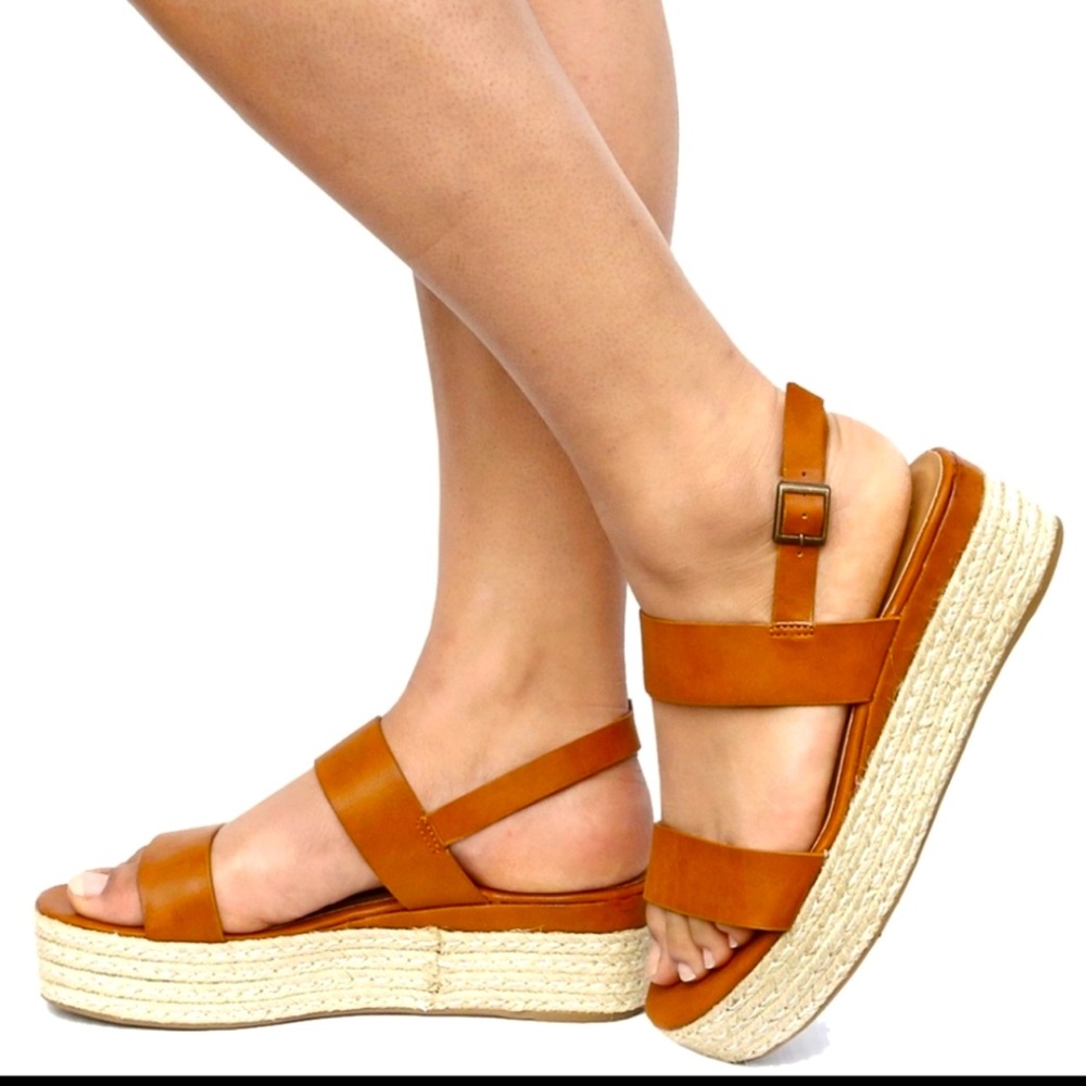 ♡ Bamboo Brown Faux Leather Strappy Espadrille Sandals Size 10